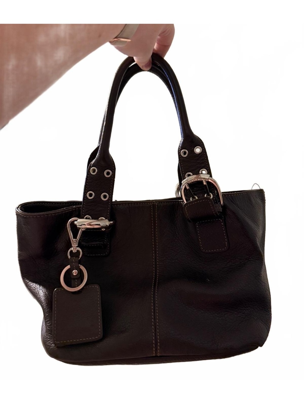 Tignanello Brown Leather Handbag with Chain Print Interior